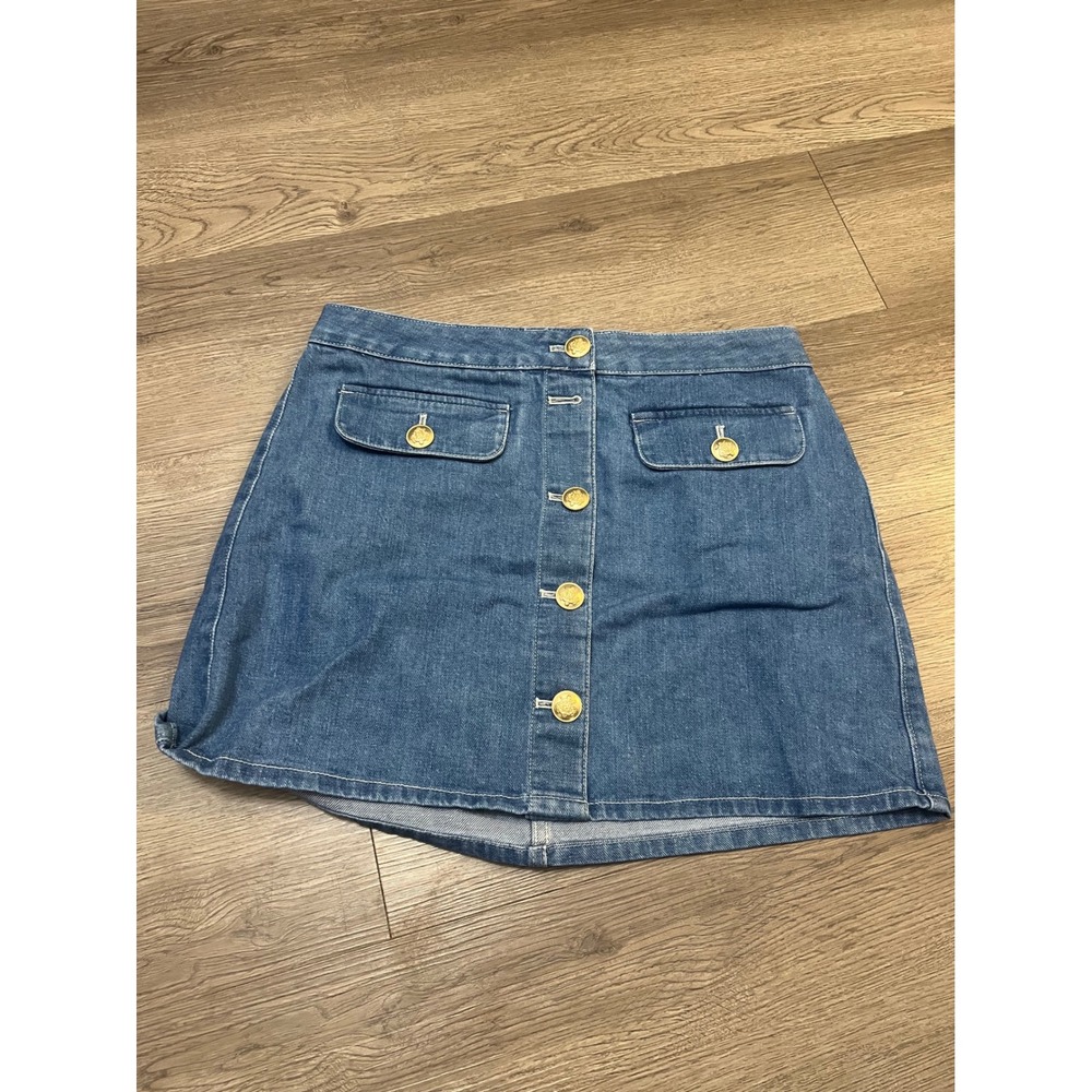 J.Crew Denim Mini Skirt Gold Crest Button Front Medium Wash Blue Size 4